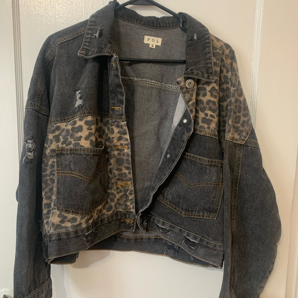 S POL Distressed Jean Jacket with Animal Print
